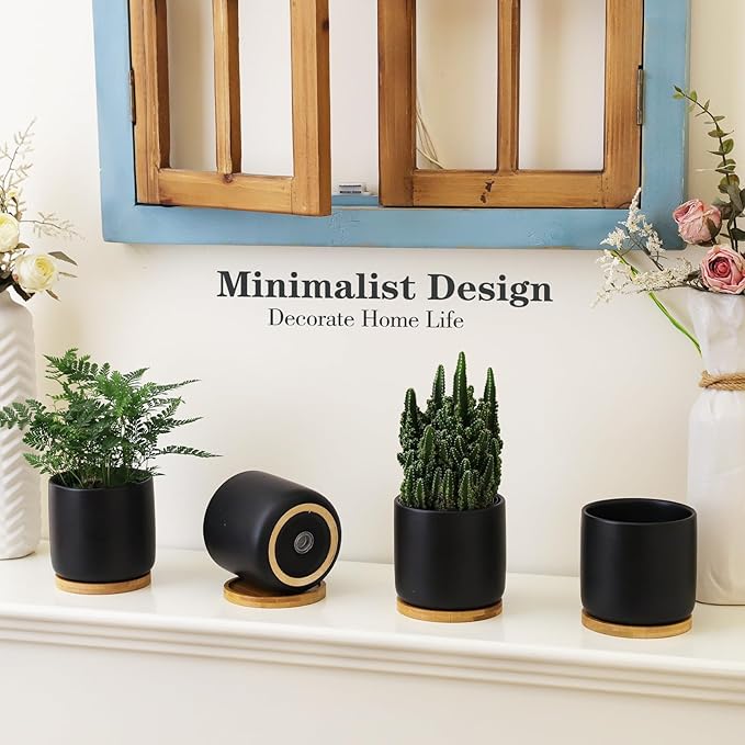 TAMAYKIM 4 Inch Ceramic Plant Pots with Drainage Holes, Adorable Flower Planter Pot with Tray for Indoor Plants, Succulent, Snake Plants, Cactus & Herbs, Black, Set of 4 (Plant Not Included)