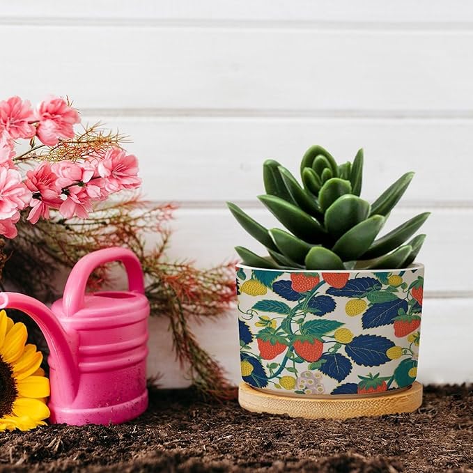 Summer Cherry Lemon Citrus Garden Ceramic Planters Strawberry Fruit Season Planters for Indoor Plants with Drainage Holes and Saucers Pot for Home Desktop Office Windowsill