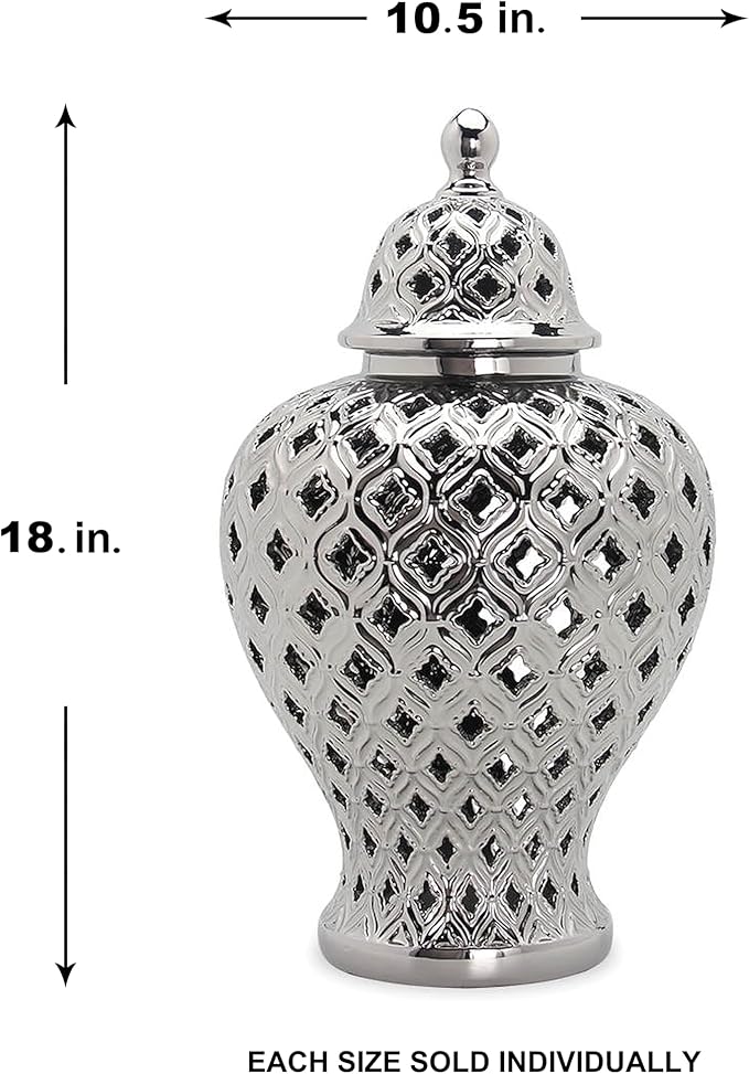 Noori Home - 100% Modern Glam Artisan Ceramic AVA Medium Silver Ginger Jar Urns with Lid 10.5x10.5x18