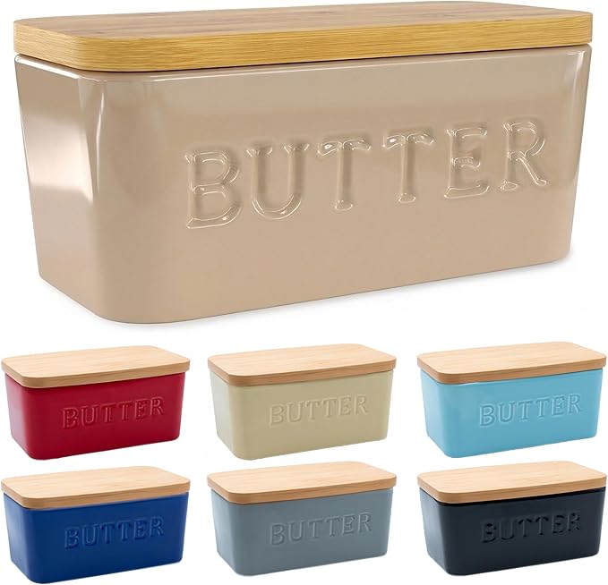 PriorityChef Extra Large Butter Dish with Lid for Countertop, Ceramic Butter Container With Airtight Cover, Butter Keeper for Counter or Fridge, Butter Holder Storage, Latte