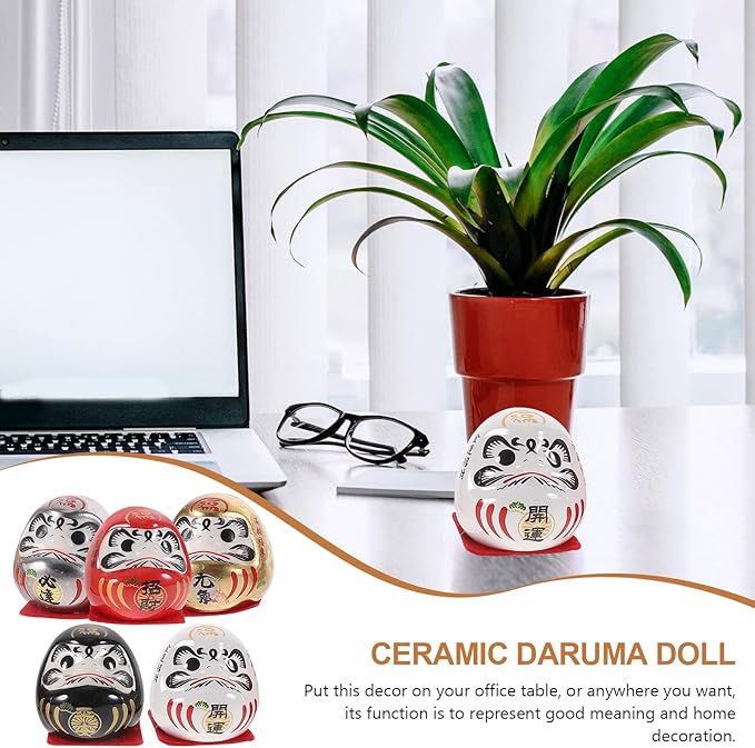 Japanese Ceramic Tumbler Figurine Set 5pcs Miniature Lucky Charm Ornaments for Car Interior and Home Decor, Gold Electroplated Collectible Statue for Wealth and Prosperity