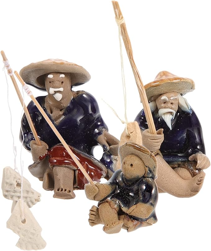 Mikikit 15pcs Ceramic Fisherman Figurines Sculpture Miniature Statues for Aquarium Decor Asian Fisherman Figurine for Bonsai Pot and Zen Garden Lifelike Fishing Man Ornaments for