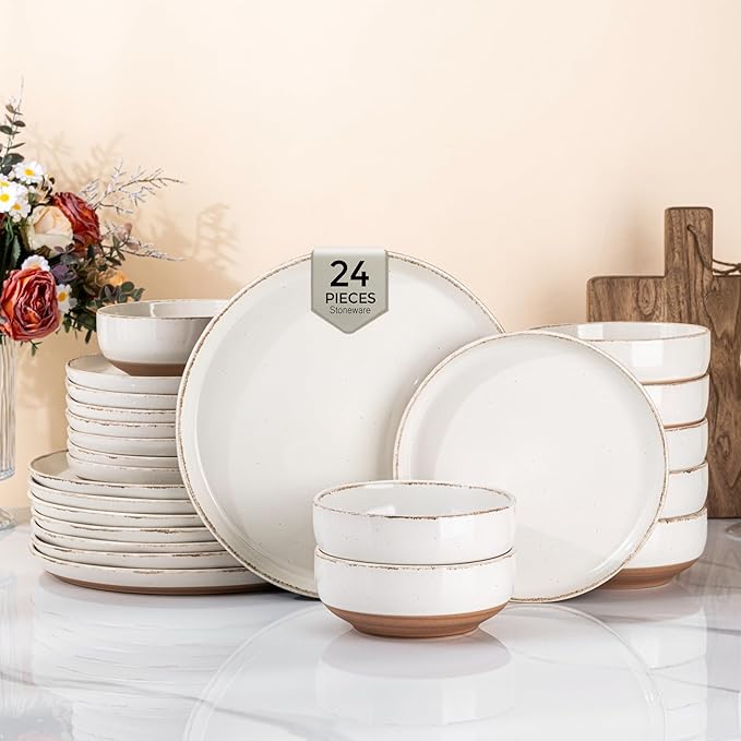AmorArc 24 Pieces Ceramic Dinnerware Sets for 8, Handpainted Stoneware Plates and Bowls Set with Rustic Terracotta Underside, Scratch Resistant Dishes Set, Dishwasher & Microwave Safe