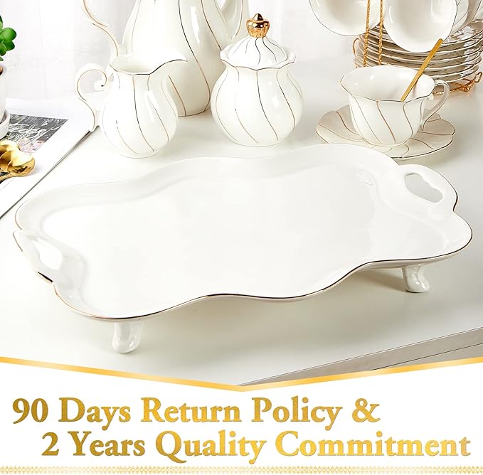DUJUST Porcelain Serving Tray with Handles, Luxury British Style Coffee Table Tray with Golden Rim, Beautiful Tea Tray Decor for Living Room, Easy to Use & Clean