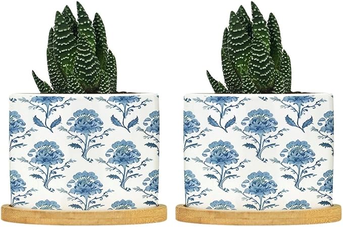 Mughal Flower in Ceramic Planters Blue Floral Planters for Indoor Plants with Drainage Holes and Saucers Pot for Indoor Outdoor Garden