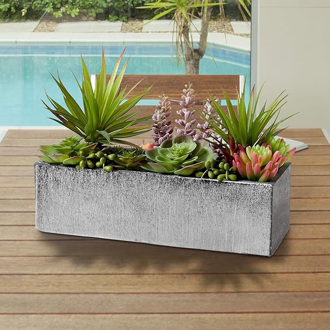 WGVI Long Rectangle Ceramic Planter Vase in Silver Etched 12" x 4" x 4"H, Block Rectangular Terrarium Box Pot, Flower Arrangement, Table top Centerpiece, Home Decor Storage Container, Bulk, 6 Pcs.
