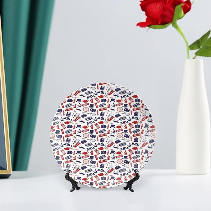 XISUNYA 10 Inch Decorative Plate, London Round Porcelain, United Kingdom Country Themed Symbols Print Ceramic Wall Hanging Decor Accessory for Dining Table Tabletop Home Decor, Royal Blue Red Whilte