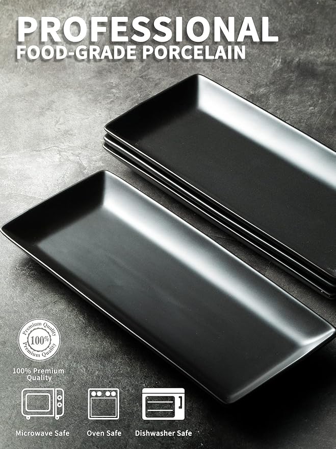 LAUCHUH Serving Platters for Entertaining, Large Rectangular Plates, 14 Inches Porcelain Serving Tray for Halloween, Housewarming, Christmas, Party, Dessert, Sushi and Appetizers, Set of 4, Black