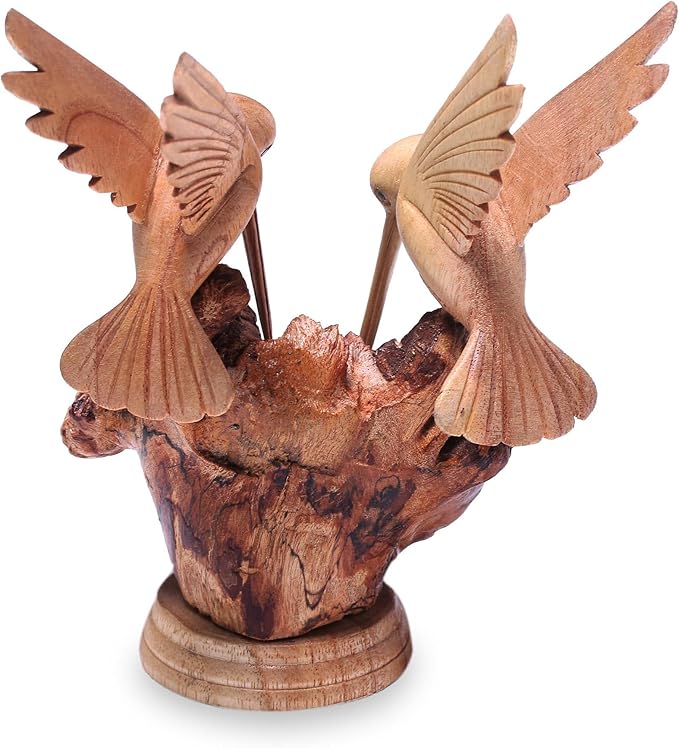 NOVICA Artisan Crafted Handcarved Wood Sculpture | Hummingbird Figurine Decor | Sustainable Animal Themed | Benalu & Jempinis Wood | NAT Geo Decoration | Indonesia ' Hummingbird Couple' 7.5" H x 6" W