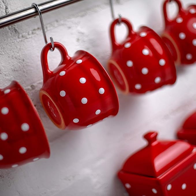 City to Cottage Handmade Red and White Polka Dot Large Ceramic 12oz/350ml Cappuccino Coffee Tea Cup and Saucer, Unique Designer Pottery Gift for Tea Lovers