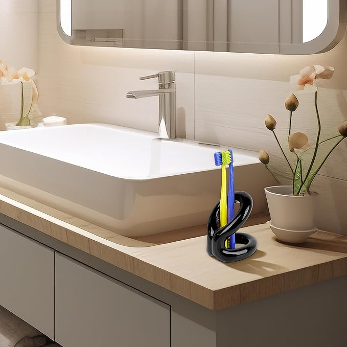 Toothbrush Holder, Knot-Shaped Minimalist Toothbrush Storage, Ceramic Stylish Toothbrush Organizer, Decorative Stand for Bathroom Sink and Countertop (Black)