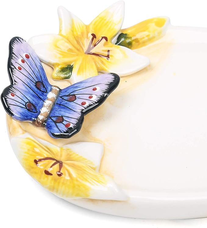 Ceramic Soap Dish Holder, for Bathroom,Tub and Kitchen Sink，3D Butterfly and Lily Design