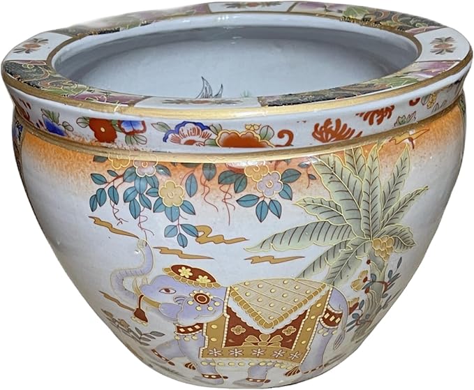 Generic 8"" Diamter Oriental Satsuma Style Elephant with Palm Trees Themed Fish Bowl Jardiniere Planter Plant Pot