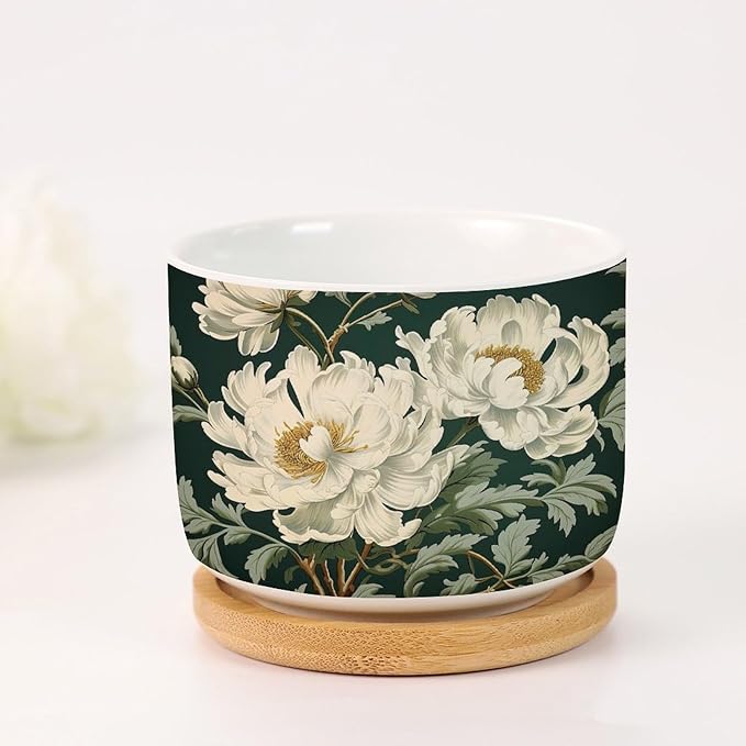 2 Piece Ceramics Planter Egg Green and White Floral Small Planters for Succulents White Chinoiserie Flower Planter for Succulents Chinoiserie Plant Pot with Drainage and Bamboo Tray
