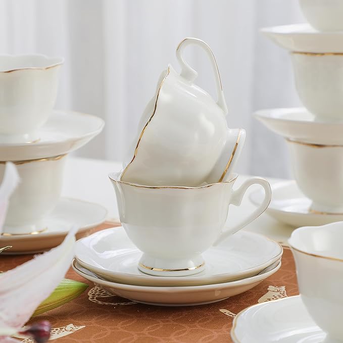 White Porcelain Demitasse Set of 8 (16-Piece) - 2.5oz Espresso Cups & Saucers, Elegant White & Gold Trim Coffee Set for Turkish Coffee, After Dinner, Gift Giving