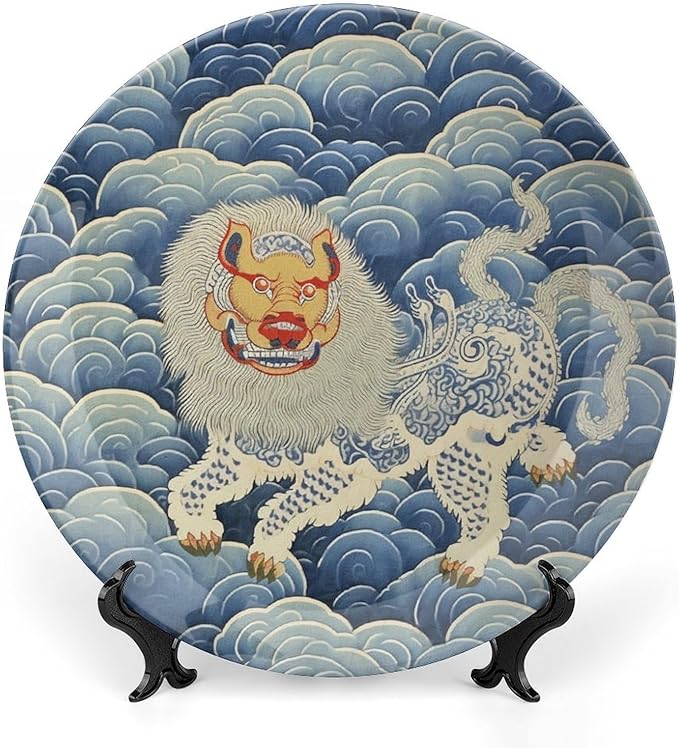 Blue Tibet Tiger Plates Ceramic, Custom Wall Hanging Decorative Plate for Festival Wedding Farmhouse Decor, 1 Plate with 1 Display Stand Art Decorations for Wall Office