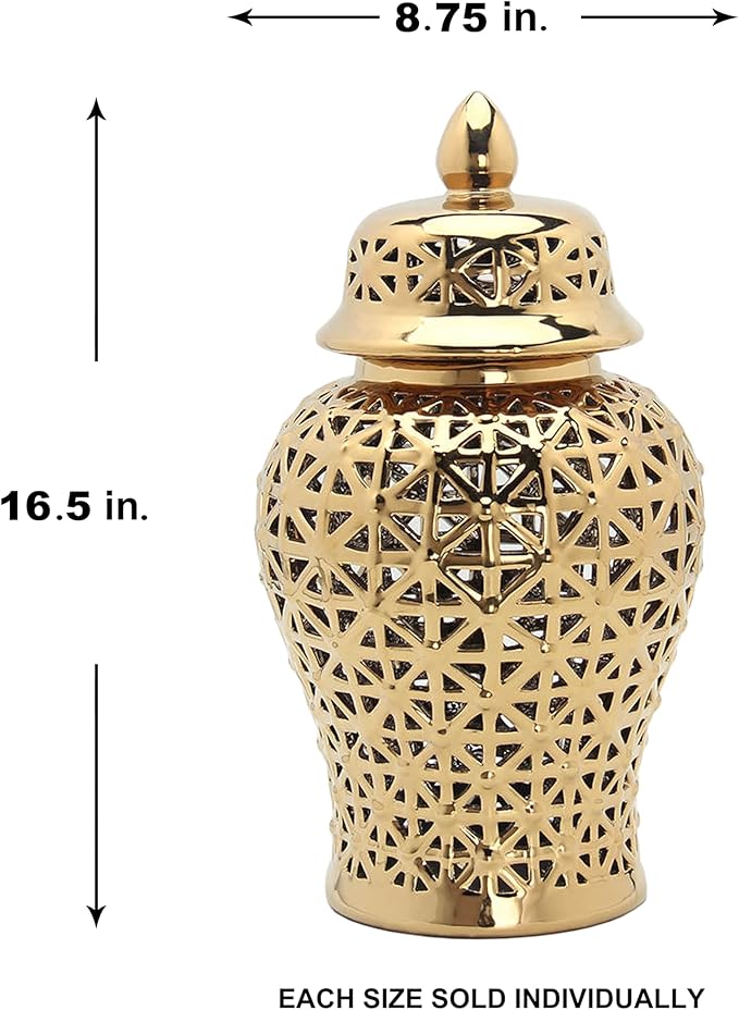 Noori Home - 100% Modern Glam Artisan Ceramic ARIA Large Gold Ginger Jar Urns with Lid 8.75x8.75x16.5
