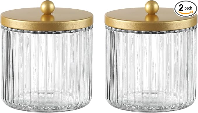 KMwares Matte Golden Yellow Set of 2 Glass Qtip Holder Dispenser Set for Cotton Ball, Swab, Round Pads, Floss Picks - Bathroom Canister Storage Organization and Vanity Makeup Organizer