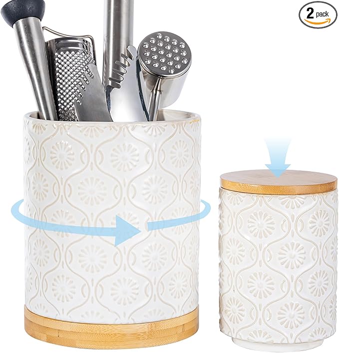 TEATALK Ceramic Utensil Holder Set, 360° Rotating Organizer for Countertop, Farmhouse Vintage Style, Large and Small Crocks in White，7.7"+5.7"