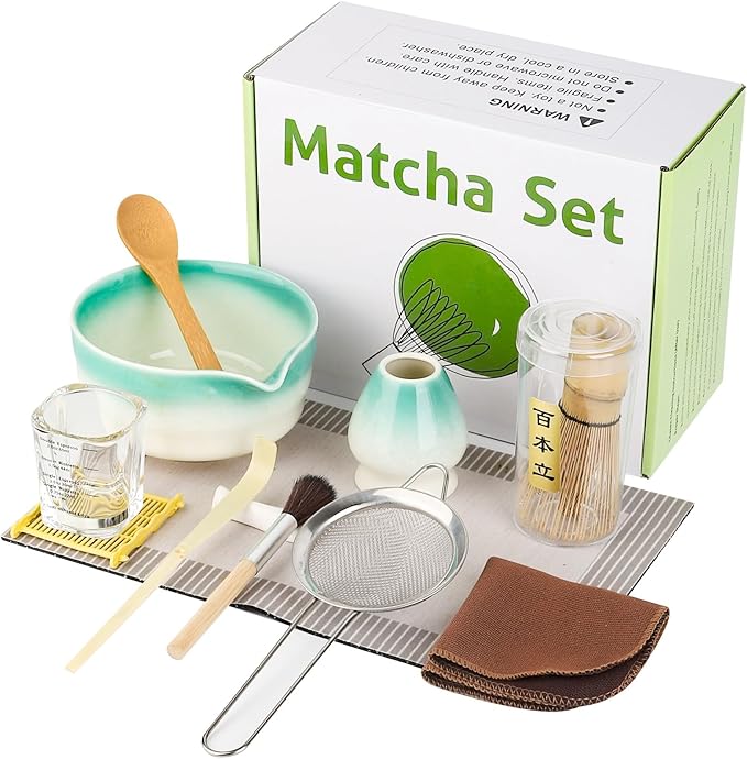 12 Pcs Matcha Whisk Set - Matcha Set Includes Ceramics Matcha Bowl and Cup, Matcha Kit for Ceremony Making Tools, Gift for Family/Friend (Gradient white-green)