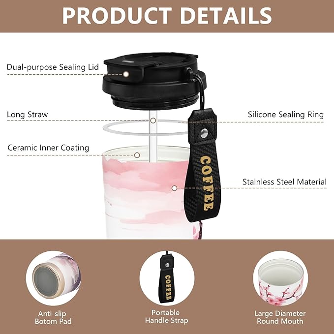 Asian Style Pink 17oz Insulated Coffee Mug with Dual-Function Lid, Ceramic Lined Travel Tumbler for Pure Taste, Stainless Steel Water Bottle with Straw, Fits Cup Holders