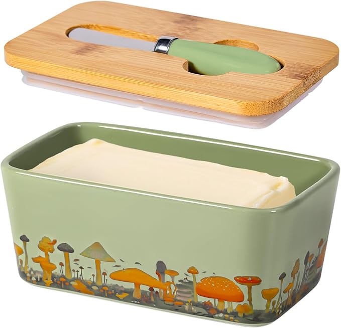 Mushroom Butter Dish with Lid,Large Butter Crock Keeper Saver,Ceramic Butter Container for Countertop with Highly Sealed Silicone Thick Wooden Lid for Kitchen Farmhouse Decor (Mint Green, Mushroom)