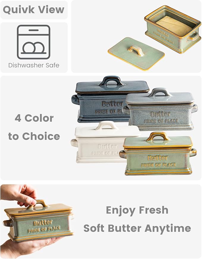 Butter Dish with Lid, Ceramic Butter Holder Container Large Butter Dish for Countertop Farmhouse Decor for Mother's Day, Butter Keeper for East West Coast Butter, Green