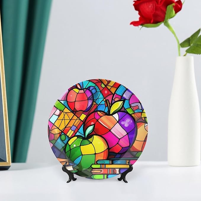 Decorative Plates for Wall Hanging, Colorful Books & Apples Stained Glass Painting Ceramic Plate w/ Display Stand, Home Decor for Kitchen Cabinets, Round Tray 6 Inch, Gift for Teacher Or Student