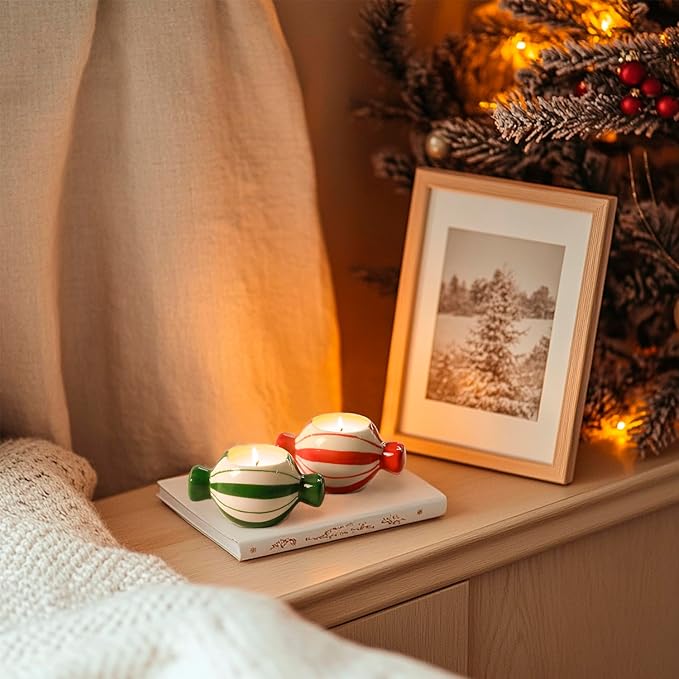 Candy Ceramic Candle Holders 2 PCS,Christmas Decor Candlestick Holders Centerpieces for Home Wedding Xmas Dinning Party for 1.5 inch Candle and Led Candle(Red + Green)