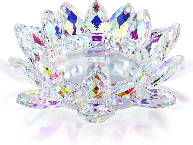 Large Crystal Lotus 7'' Width Candle Holder Tealight Pillar Candle Plate Candlestick, Glass Votive Candle Holder for Christmas Wedding Dinner Table Decor
