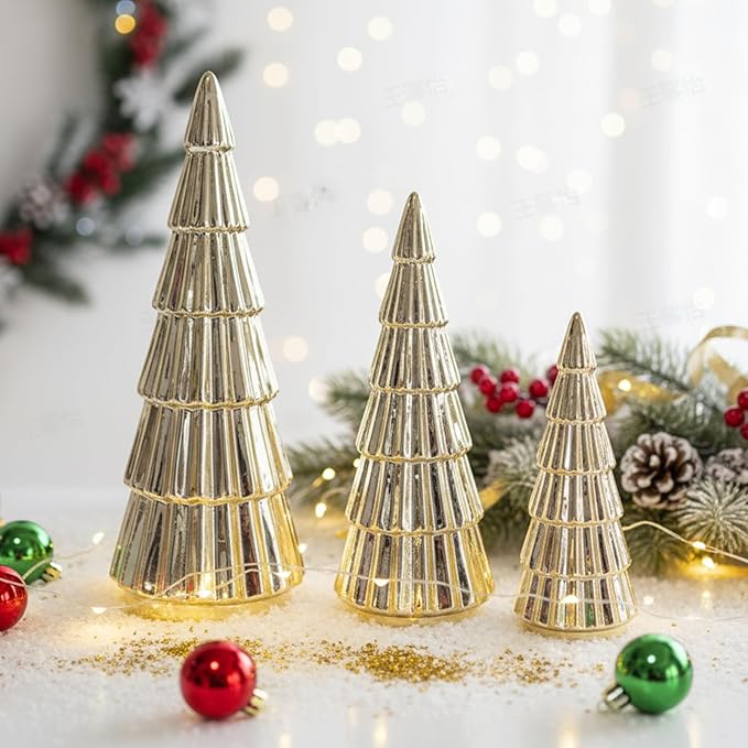 Wesiti 3 Pieces Gold Ceramic Christmas Tree Figurines Tabletop Small Decorative Xmas Tree Desktop 6.3" & 8.1" & 10.2" Tall Holiday Table Centerpieces for Office Home Mantle Shelf Cabinet Decor Indoor
