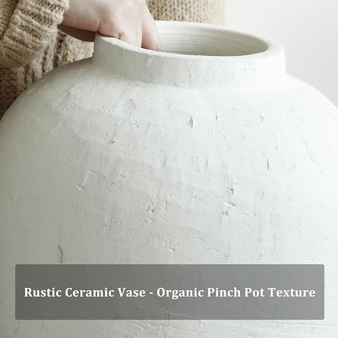 Large Ceramic Vase, 11" Rustic Farmhouse Terracotta Vase for Home Decor, Artisan Decorative Flower Vase for Living Room, Table Centerpiece, Bedroom (Rustic White)