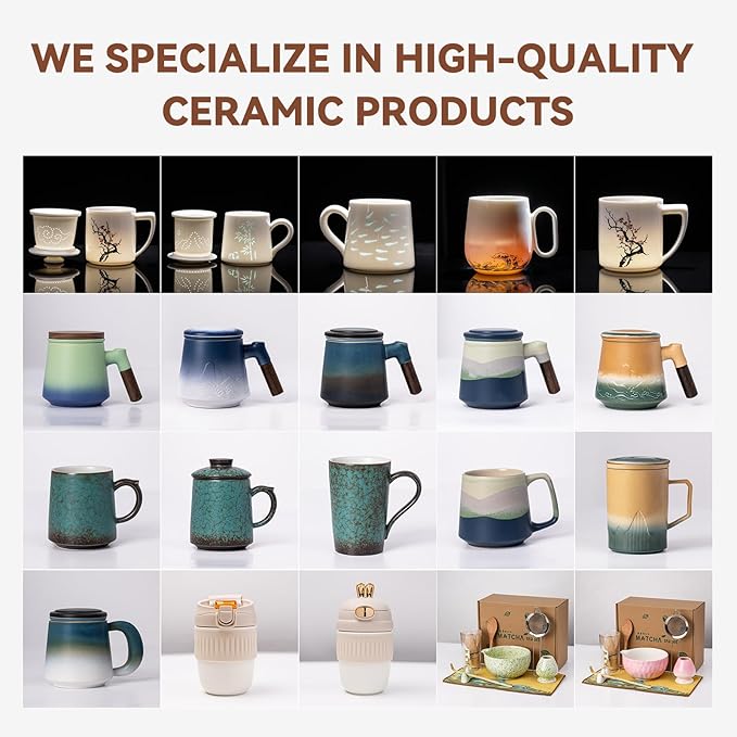 Ceramic Tea Mug with Infuser & Lid, 14oz Kiln-Transformed Unique Cup – Nature's Artisan Design, Loose Leaf Tea Cup with Infuser, Insulated Ceramic Coffee Mugs with Lid, Gift for Women/Men