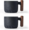 Ceramic Espresso Cups with Wooden Handle Espresso Shot Cups Ceramic Tea Cups Porcelain Demitasse Cups for Coffee or Tea, 2oz (black, 2)