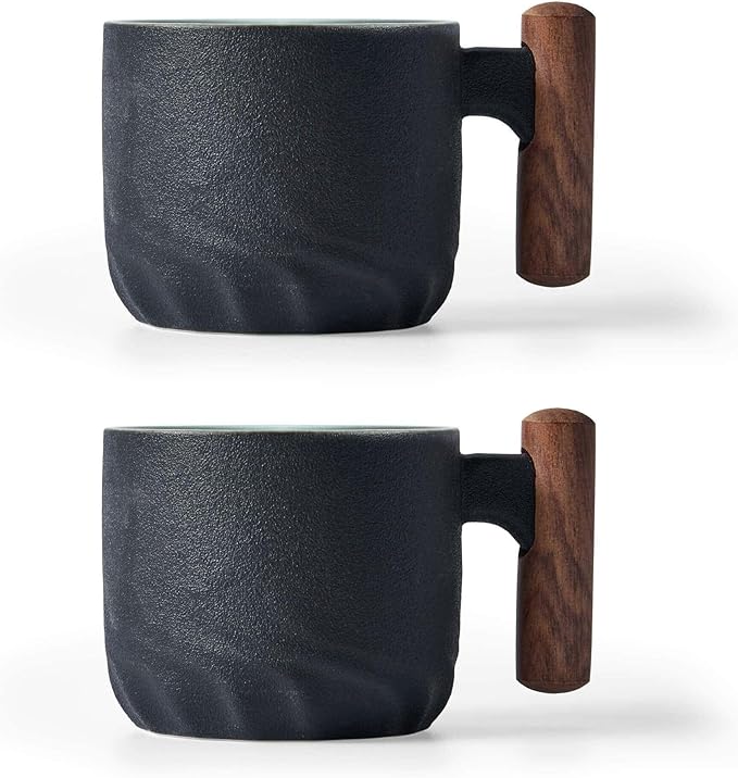 Ceramic Espresso Cups with Wooden Handle Espresso Shot Cups Ceramic Tea Cups Porcelain Demitasse Cups for Coffee or Tea, 2oz (black, 2)