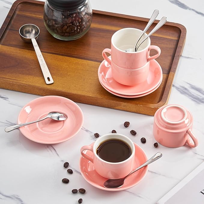 2.5oz Espresso Cups Set of 4, Demitasse Cups and Saucers with Spoons for 4, Expresso Shot Cups for Espresso Machine-Pink