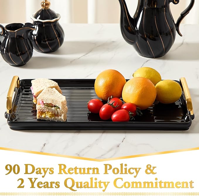 DUJUST Porcelain Serving Tray with Golden Handles, Modern Nordic Style Coffee Table Tray, Beautiful Tea Trays Decor for Living Room, Easy to Use & Clean - Black