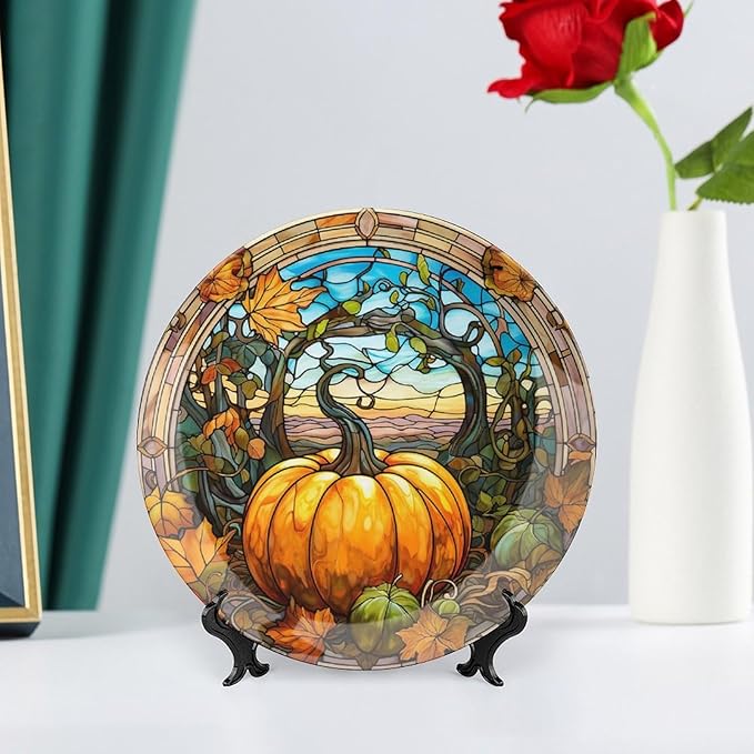 Decorative Plates, Fall Maple & Pumpkin Stained Glass Design Ceramic Dinner Plate Home Wobble-Plate with Display Stand, Wall Hanging Decor for Kitchen Household 8 Inch, Gifts for Thanksgiving