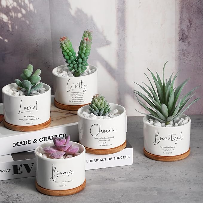 Fumete 12 Pcs Bible Verse Succulent Pots with Bamboo Tray Drainage 3.15 Inch Mini Ceramic Flower Planter Pot Christian Gifts for Women Sunday School Teacher Church Plants Not Included(Special Style)