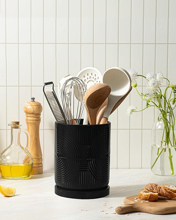 Utensil Holder, 7.2" Kitchen Utensil Holder for Counter, 2-in-1 Ceramic Cooking Utensils Holders with Spoon Rest, Utensil Crock for Spatula, Ideal Housewarming Gift (Black)