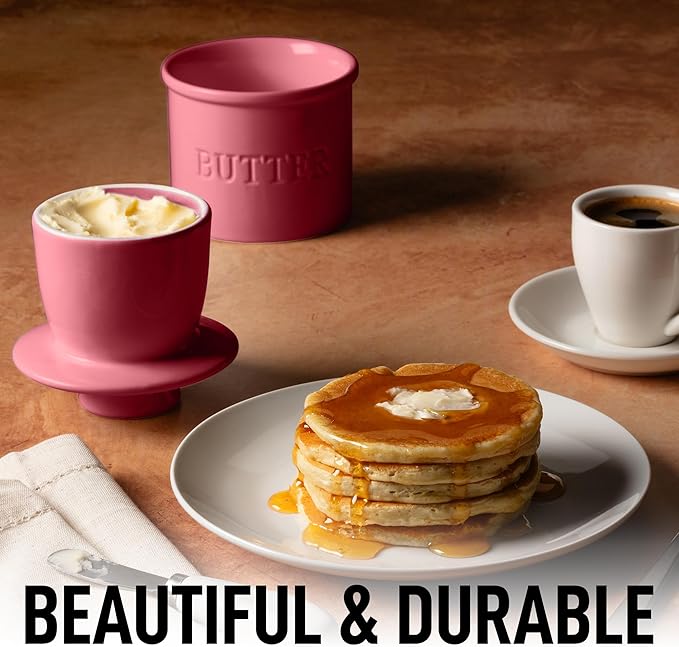Zulay Kitchen Bell Shaped Butter Crock with Lid for Countertop with Water Line & Spreader Knife, Ceramic French Butter Dish Keeper For Fresh, Soft & Spreadable Butter - Dragonfruit