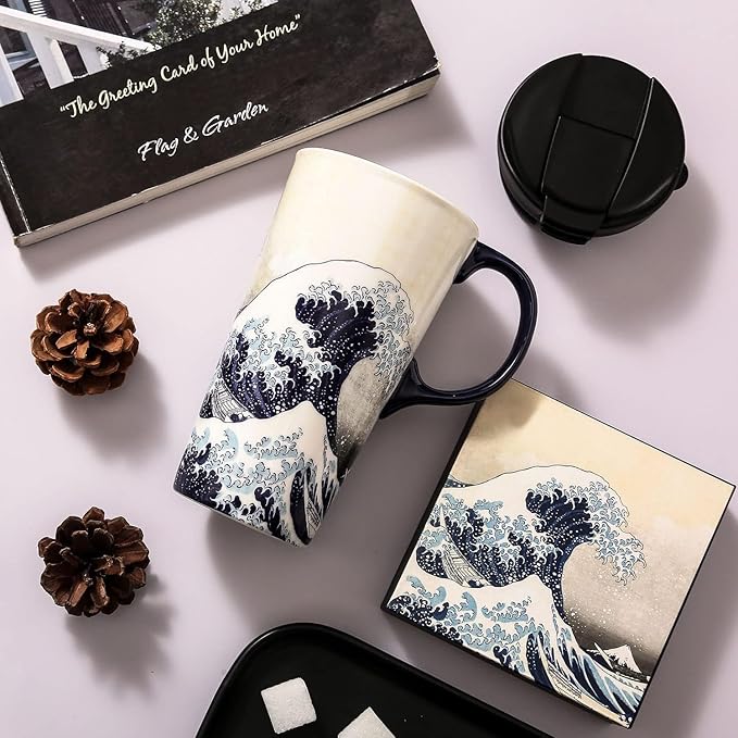 Topadorn Ceramic Coffee Mug with Lid and Handle Ceramic Travel Mug Porcelain Latte Teacup in Color Box 17 Oz, Splash Resistant Lid - To Go Tumbler for Car Cup Holder, Wave Art Mug