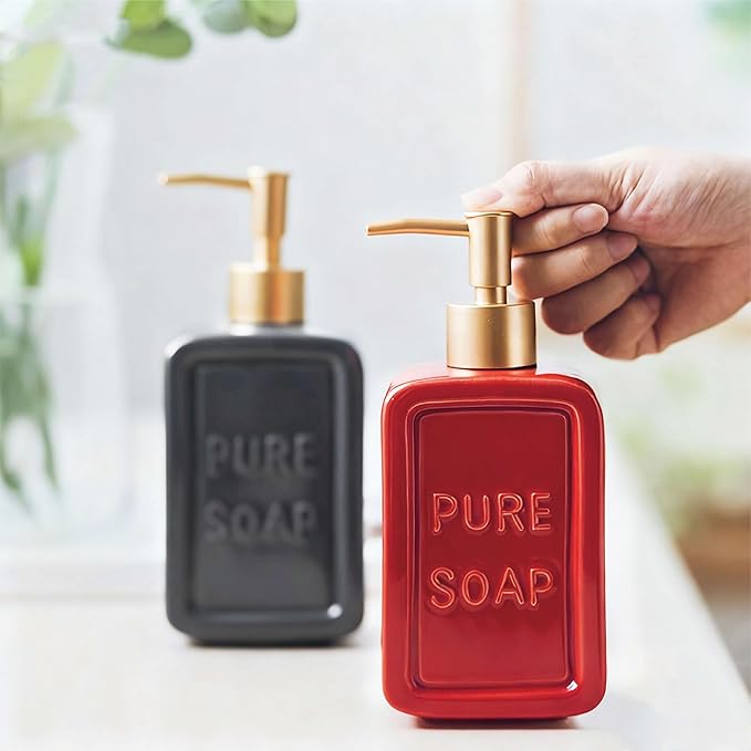 Ceramic Retro Soap Dispenser with Gold Pump, 15oz Capacity, Premium Ceramic Design for Bathroom or Kitchen (Red)