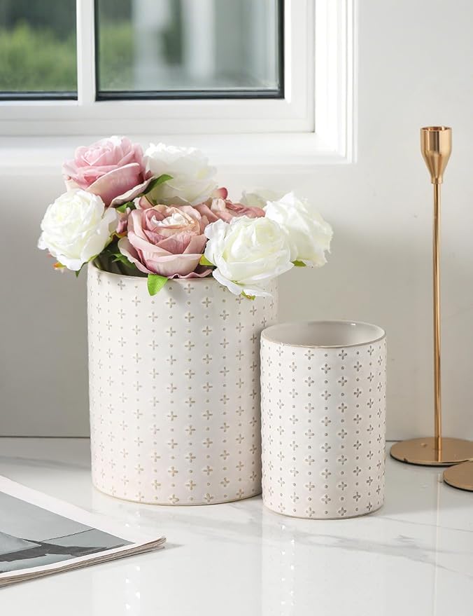 Kitchen Utensil Holder for Countertop, 7.1" + 5.3" Ceramic Cooking Utensil Holder Set of 2, Large Utensil Crocks, Morden Kitchen Tool Tolder for Spatula, Arctic White