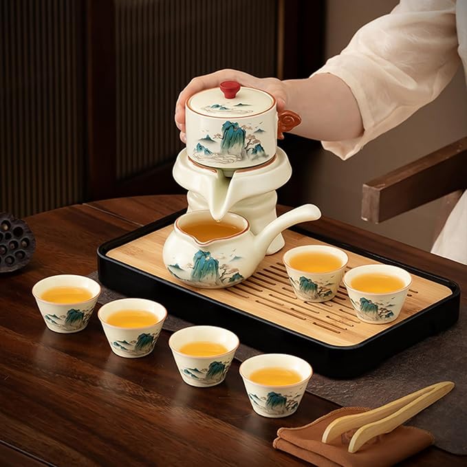 Semi Automatic Tea Set Magic Teapot with 6 cups Japanese Teapot Set,Chinese Gongfu Tea Set Ceramic Teapot with Infuser (Jiangshan-Automatic)