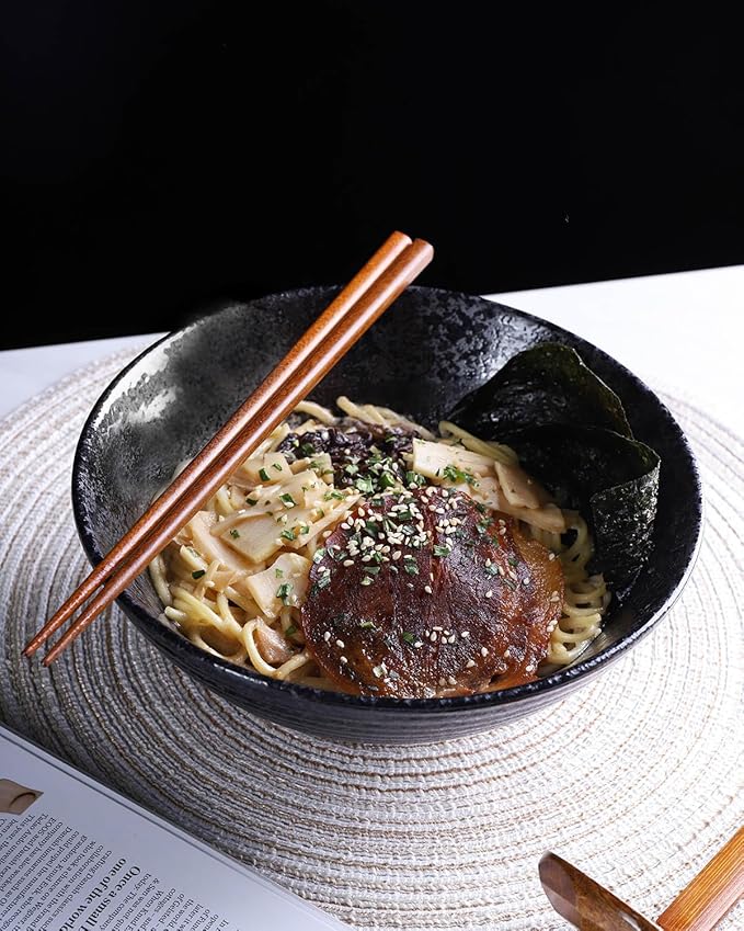 Kanwone Ceramic Japanese Ramen Bowl Set, Noodle Soup Bowls - 37 Ounce, with Matching Spoons and Chopsticks for Udon Soba Pho Asian Noodles, Set of 2, Black