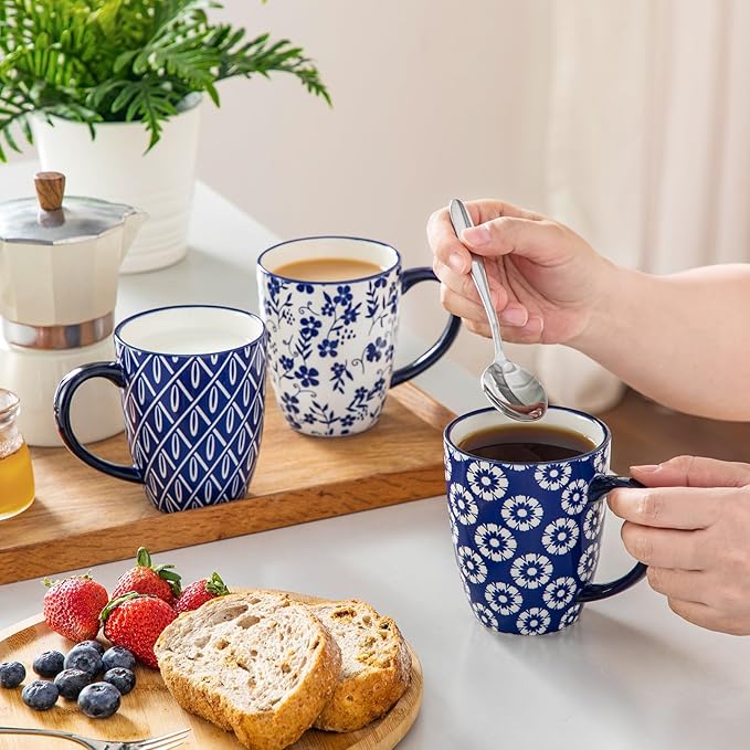 vancasso SELENE Coffee Mugs Set of 6, 12 Oz Porcelain Coffee Cups with Handle, Ceramic Tea Cup for Cappuccino, Latte, Tea, Cocoa, Dishwasher & Microwave Safe Gift Sets, Vintage Blue