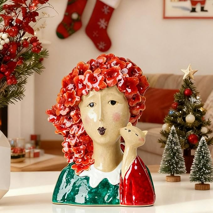DiliComing Garden-Statues Women-Head Statues for Home Decor - 13 Inch Women with Cat Modern Art Statue, Resin Cat Sculptures for Patio, Tabletop, Bedroom, Office, Garden Home Décor (Red)