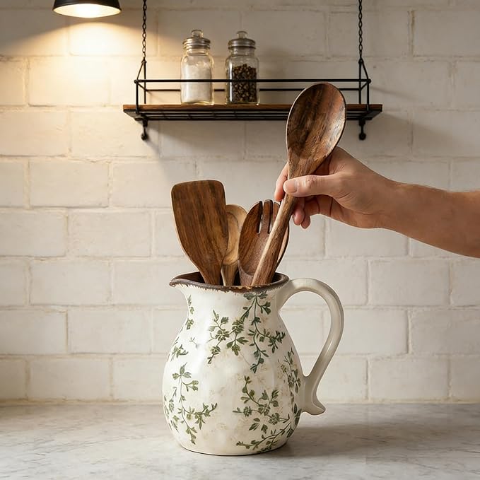 Rustic Ceramic Utensil Holder, 6.1"Modern Farmhouse Cooking Utensil Holder for Kitchen Counter with Handle, Kitchen Utensil Organizer Crock for Countertop Home Decor, Vintage Spoon Tool Tray(white)
