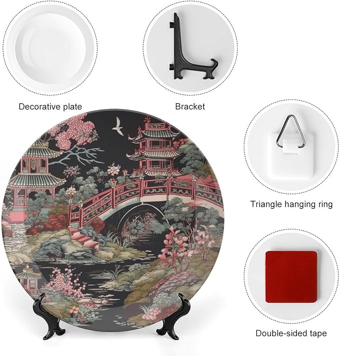Chinoiserie Charcoal Coral Pagoda Asian Fashion Plates, Chinese Style Pagoda Ceramic Dinner Plates for Kitchen Display Decor, Including Bracket And Special Hook Art Decorations for Home Office